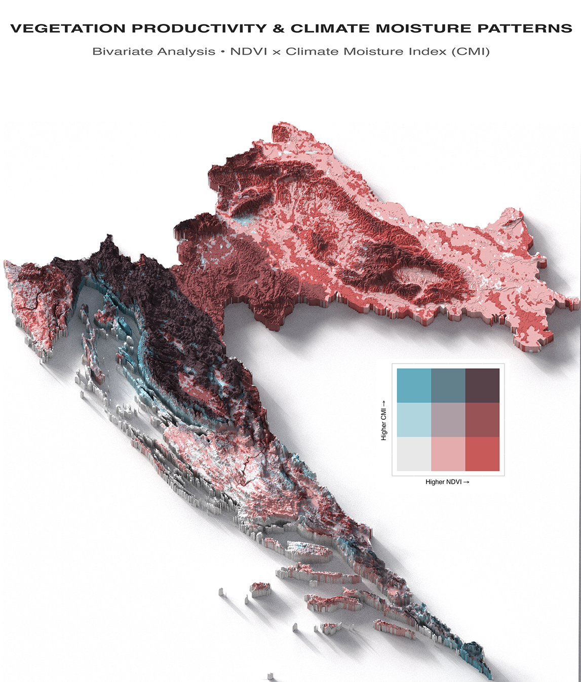 3D bivariate map showing vegetation-climate relationships across Croatia
