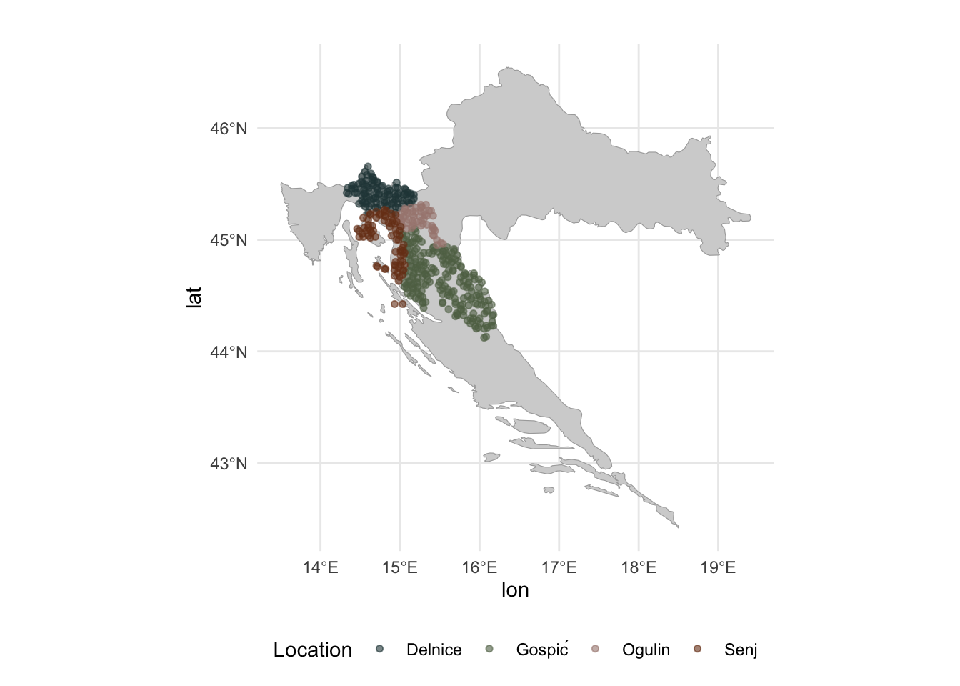Spatial distribution of 452 forest plots across four management units in Croatia